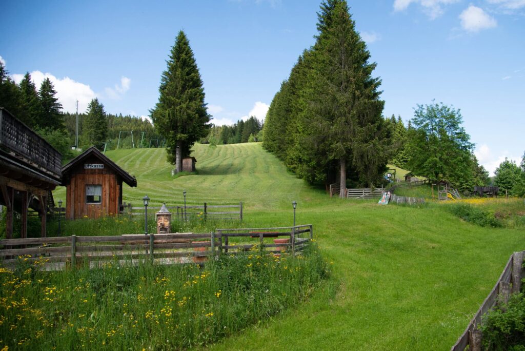 Idyllische Landschaft mit grünen Wiesen und Bäumen, im Vordergrund eine Holz-Liftkasse und eine Holzskulptur, im Hintergrund sanfte Hügel und eine Spielplatzanlage. Ideal für Erholung in der Natur.