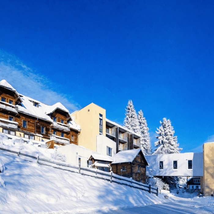 Winterliche Landschaft mit einem modernen Hotelkomplex und traditionellen Holzchalets, umgeben von schneebedeckten Bäumen und klarem blauen Himmel. Ideal für Skifahrer und Naturliebhaber.