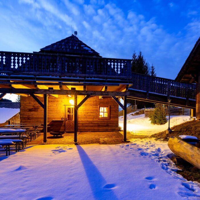 Gemütliche Berghütte bei Dämmerung, umgeben von Schnee mit beleuchtetem Eingangsbereich und Holzveranda, ideal für winterliche Ausflüge und Erholung in der Natur.