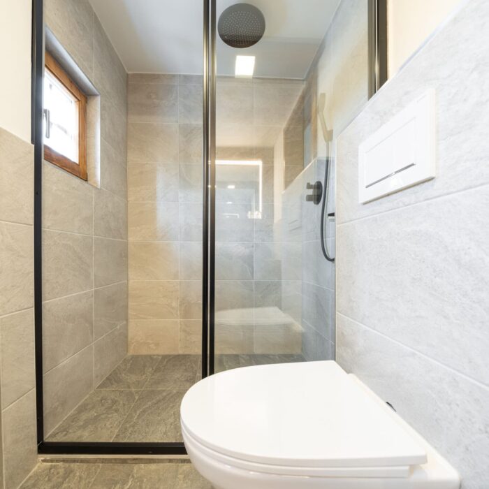Modernes Badezimmer mit einer Dusche und einer Toilette, ausgestattet mit stilvollen Fliesen und einer Glasabtrennung. Helle und funktionale Raumgestaltung fördert eine angenehme Atmosphäre.