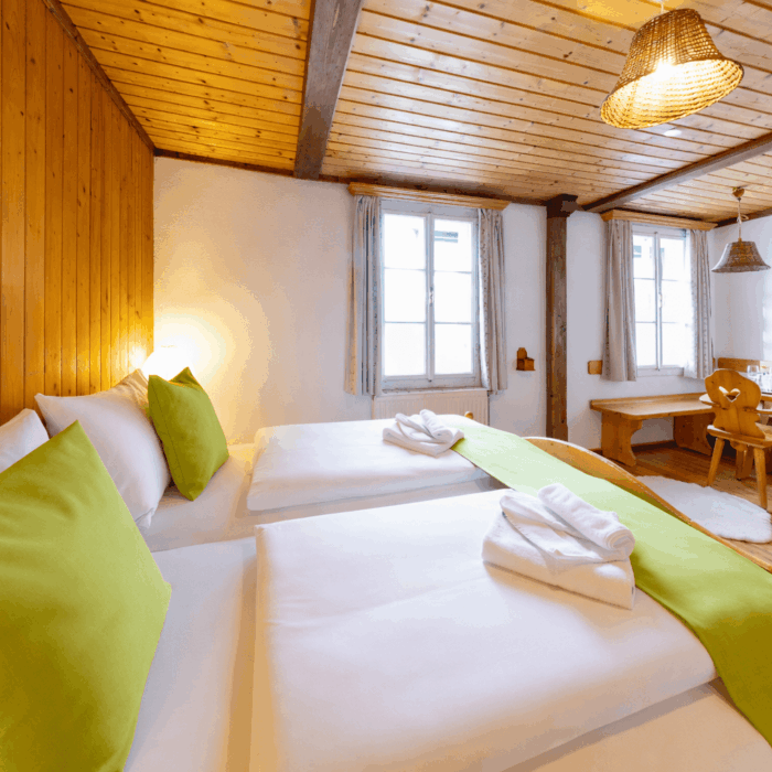 Gemütliches Zimmer mit zwei Einzelbetten, Holzverkleidung und grünen Kissen, ideal für einen entspannten Aufenthalt. Der Raum verfügt über einen Tisch und Stühle sowie große Fenster für viel natürliches Licht.