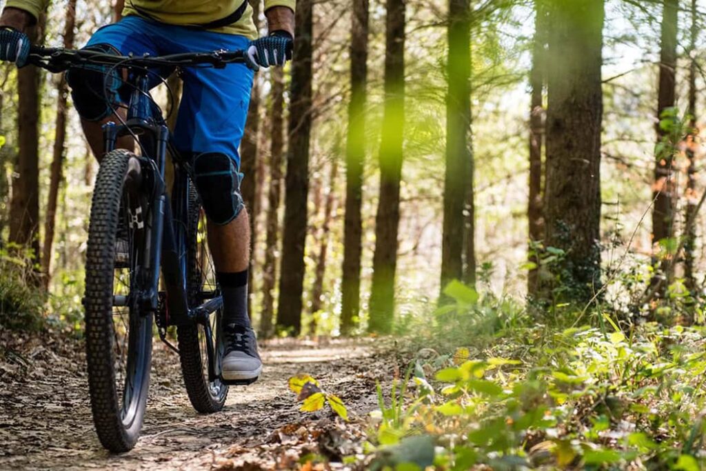 Mountainbiker fährt auf einem schmalen Pfad durch einen Wald mit sonnendurchfluteten Bäumen. Der Radfahrer trägt sportliche Kleidung und Schutzausrüstung, während er die Natur genießt.