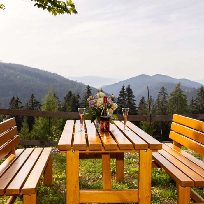 Gedeckter Holztisch mit Bergblick