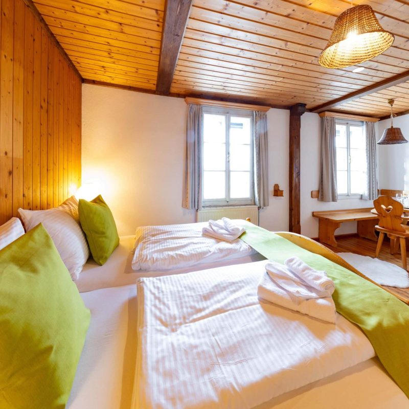 Gemütliches Schlafzimmer mit zwei Einzelbetten, umgeben von warmen Holzvertäfelungen und sanfter Beleuchtung. Die Betten sind mit frischen, weißen Bettlaken und grünen Kissen dekoriert. Im Raum befinden sich ein Tisch mit Stühlen und ein Fernseher. Große Fenster sorgen für natürliche Beleuchtung und einen einladenden Blick nach draußen. Ideal für einen entspannten Aufenthalt.