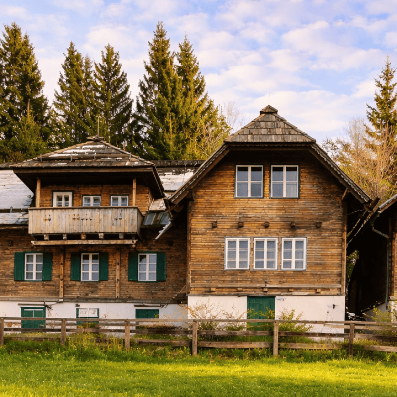 Historisches Holzhaus im ländlichen Raum, umgeben von Bäumen und Wiese, mit einem Balkon und mehreren Fenstern, das die traditionelle Architektur der Region widerspiegelt. Ideal für Natur- und Architekturinteressierte.