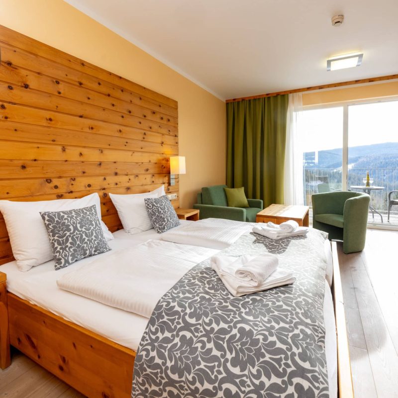 Geräumiges Doppelzimmer mit Holzdekor, modernen Möbeln und Panoramablick auf die Berge. Das Zimmer verfügt über ein bequemes Bett mit dekorativen Kissen, einen gemütlichen Sitzbereich und große Fenster, die viel Tageslicht hereinlassen. Ideal für einen entspannten Aufenthalt in der Natur.